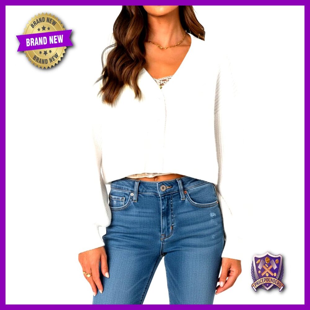 Chunky Knit Cropped Cardigan Oversized V Neck Button Front Cozy Sweater